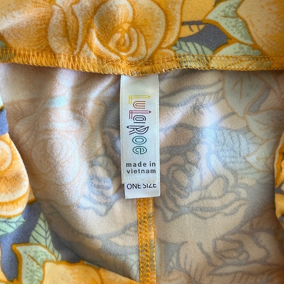 LuLaRoe rose print leggings OS yellow and lavender. - Picture 6 of 7